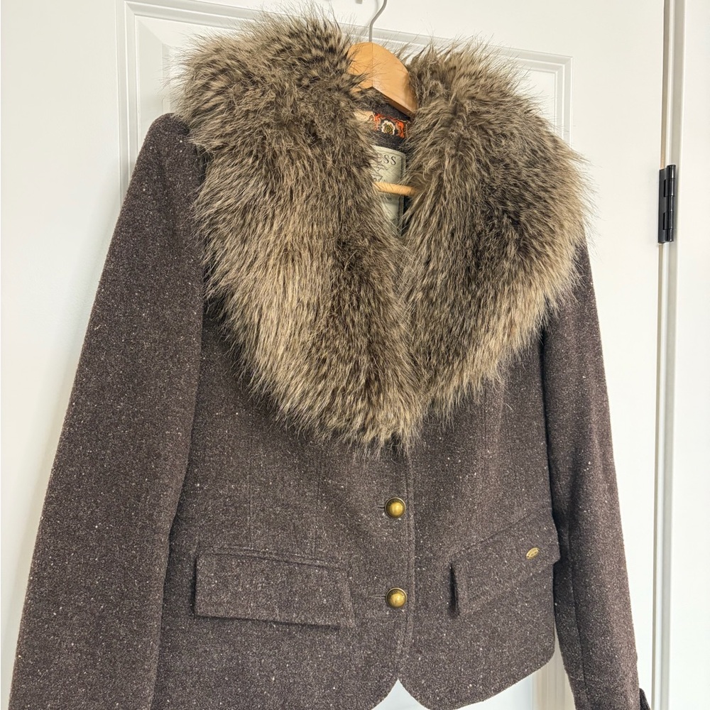 Vintage Brown Guess Wool Blazer Jacket Removable Faux Fur Collar